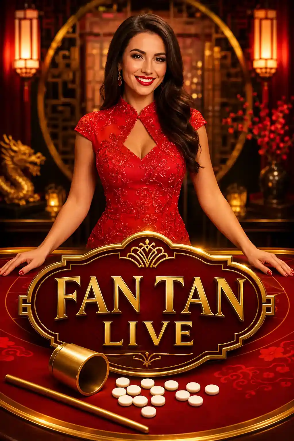 Nainen punaisessa mekossa Fan Tan live-pelin kanssa Suomessa