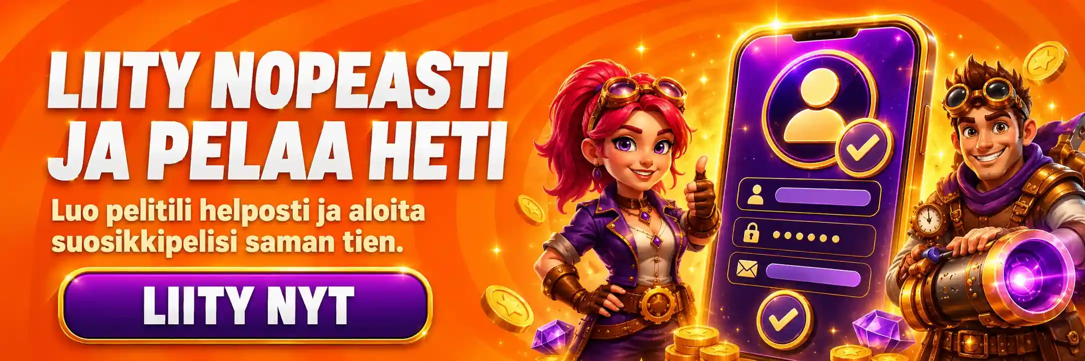 Pelihahmo ja pelitili rekisteröitymisen mainos Suomessa